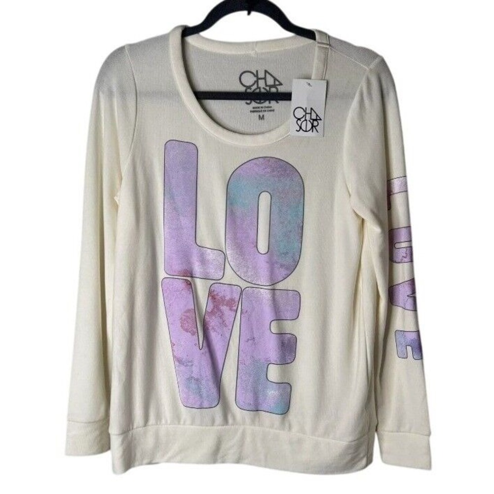 Chaser Cream Tie Dye Love Graphic Long‎ Sleeve Top Casual Comfy Pullover Size M